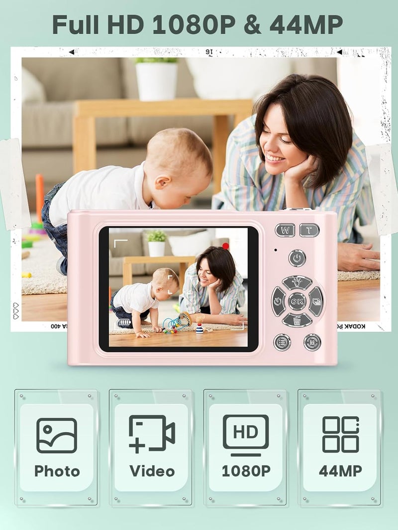 Vyncs Digital Kids Camera 1080P Vlog Camera with 64GB, Lanyard, 16X Zoom Anti Shake, Card Reader 44MP Compact Portable Point Shoot Digicam for Kid Teen Girl Boy Christmas Halloween Thanksgiving(Pink) - Image 2